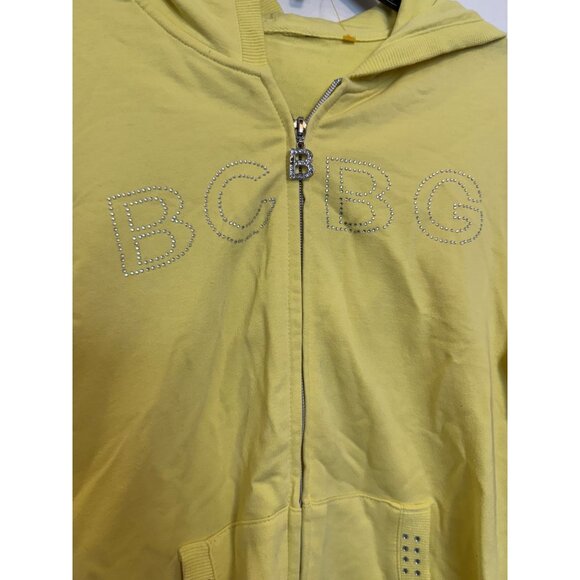 BCBG Yellow Hoodie Women’s Large Rhinestone Detail Full Zip Hooded Sweatshirt - Picture 2 of 7